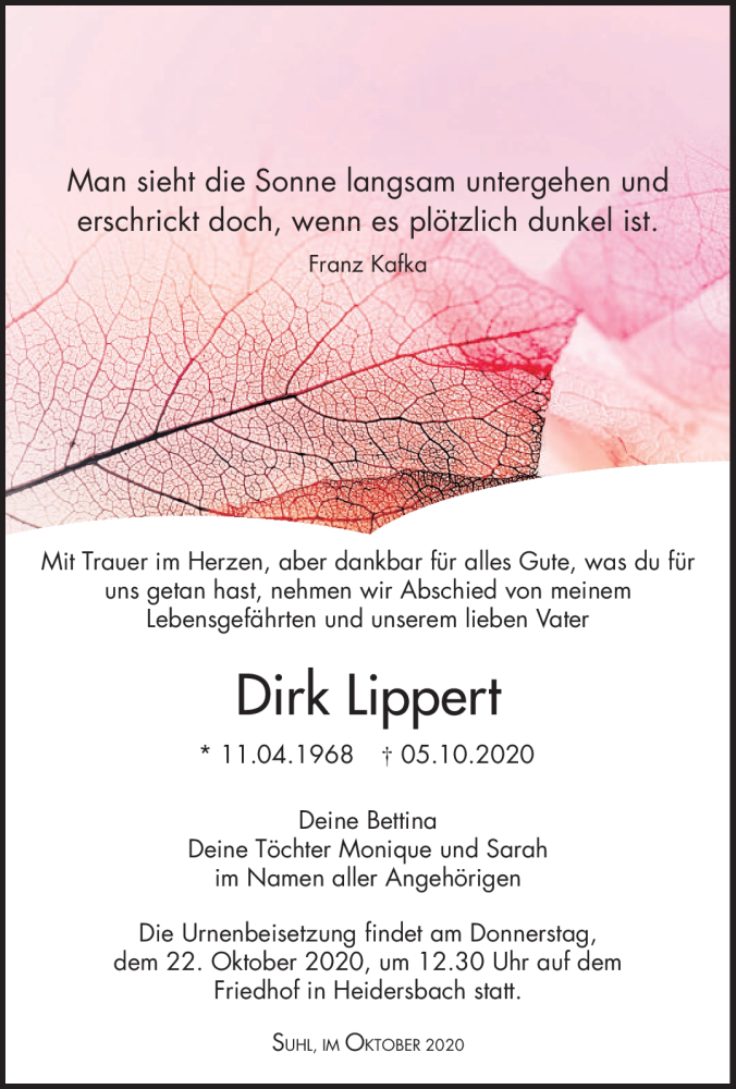  Traueranzeige für Dirk Lippert vom 10.10.2020 aus Südthüringer Presse