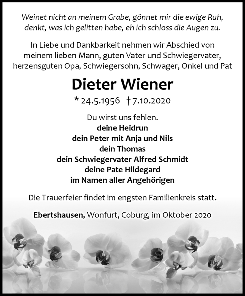  Traueranzeige für Dieter Wiener vom 17.10.2020 aus Südthüringer Presse