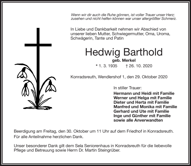  Traueranzeige für Hedwig Barthold vom 29.10.2020 aus Frankenpost