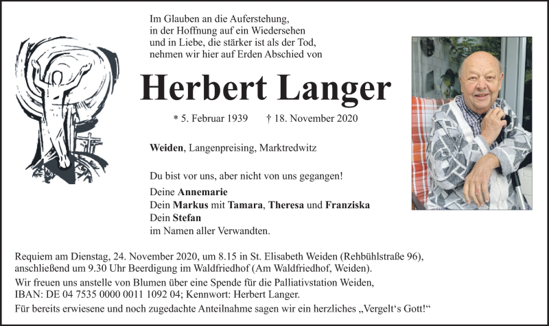  Traueranzeige für Herbert Langer vom 21.11.2020 aus Frankenpost