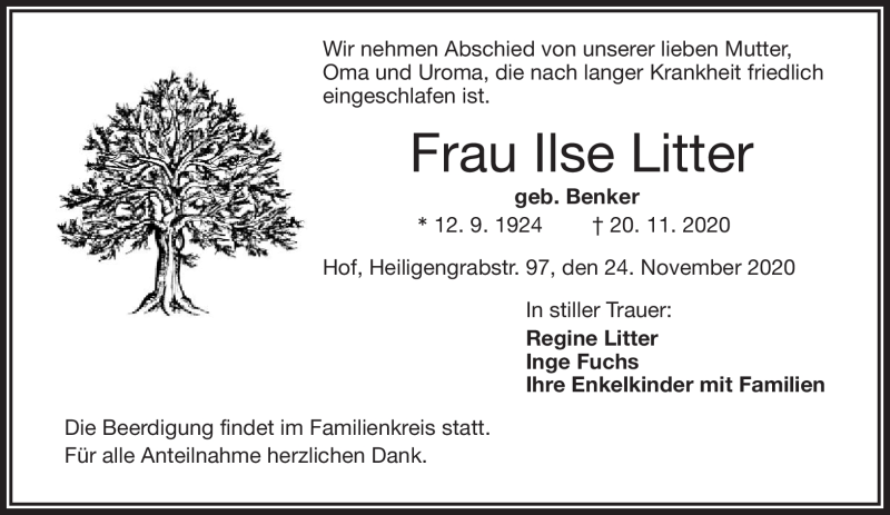  Traueranzeige für Ilse Litter vom 24.11.2020 aus Frankenpost