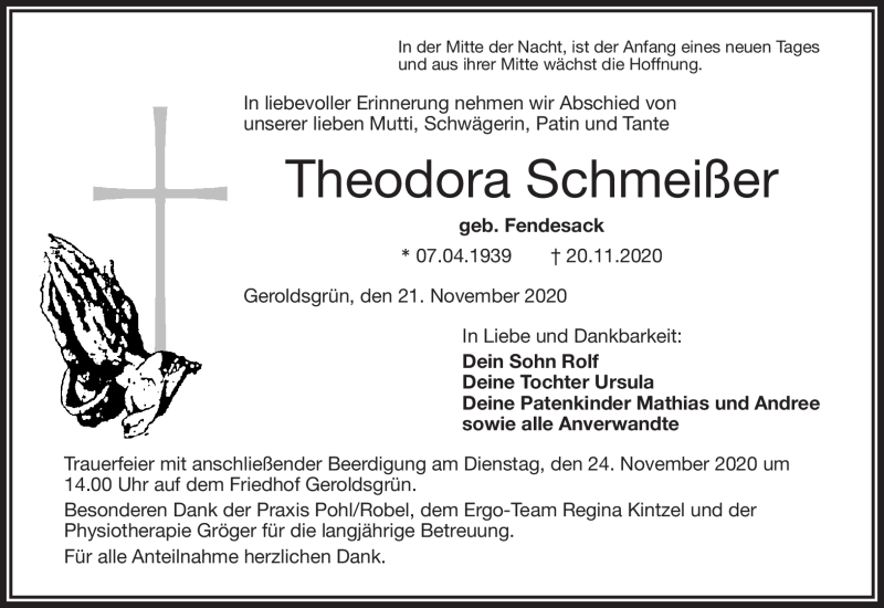  Traueranzeige für Theodora Schmeißer vom 21.11.2020 aus Frankenpost