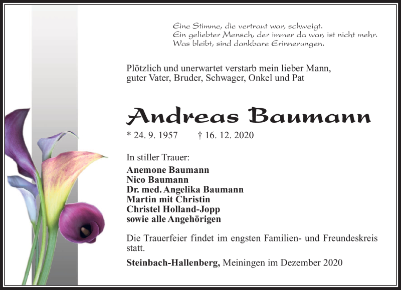  Traueranzeige für Andreas Baumann vom 19.12.2020 aus Südthüringer Presse