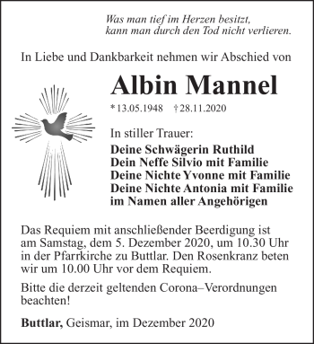 Traueranzeige von Albin Mannel von Südthüringer Presse