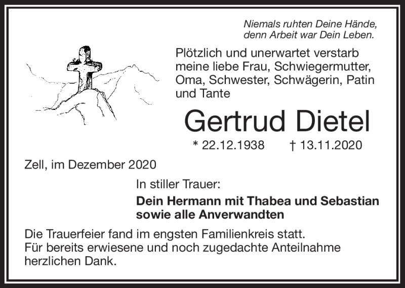  Traueranzeige für Gertrud Dietel vom 19.12.2020 aus Frankenpost