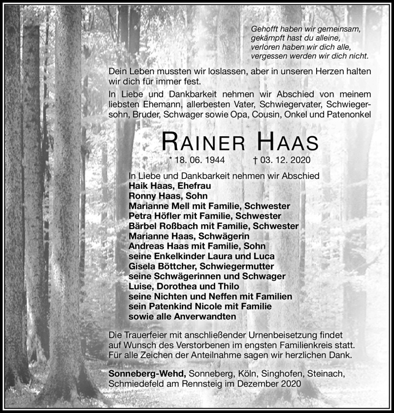  Traueranzeige für Rainer Haas vom 12.12.2020 aus Südthüringer Presse