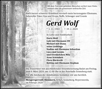 Traueranzeige von Gerd Wolf von Südthüringer Presse