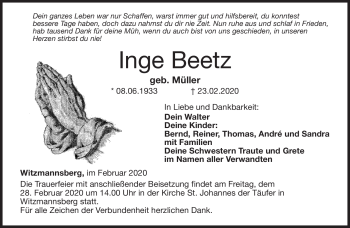 Traueranzeige von Inge Beetz von Neue Presse Coburg