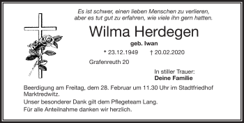 Traueranzeige von Wilma Herdegen von Frankenpost