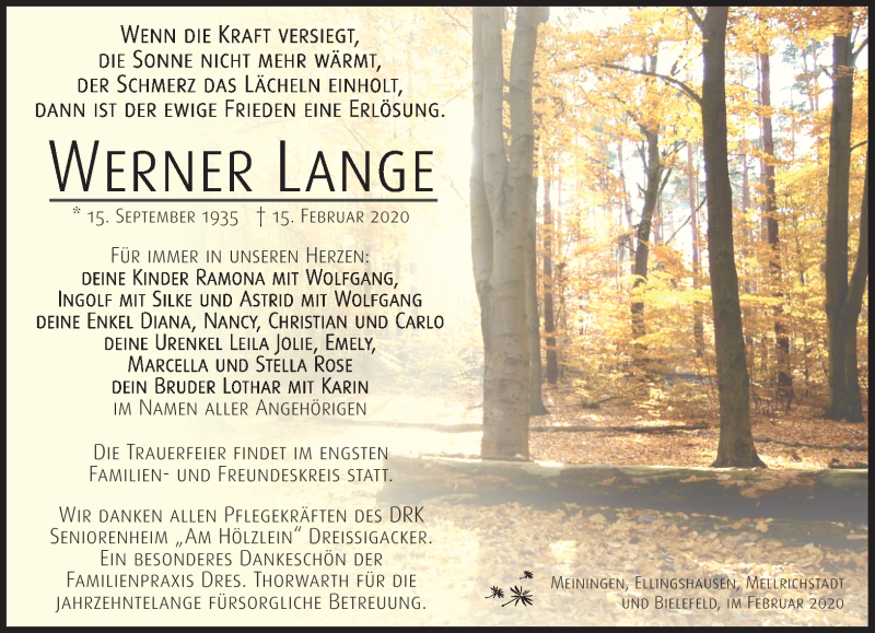  Traueranzeige für Werner Lange vom 22.02.2020 aus Südthüringer Presse