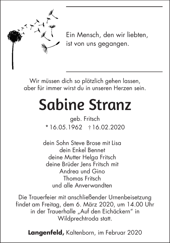  Traueranzeige für Sabine Stranz vom 29.02.2020 aus Südthüringer Presse