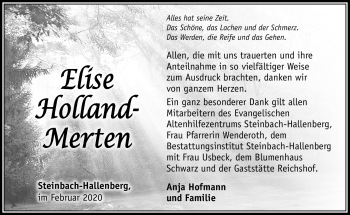 Traueranzeige von Elise Holland-Merten von Südthüringer Presse