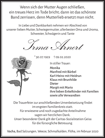 Traueranzeige von Irma Arnert von Südthüringer Presse