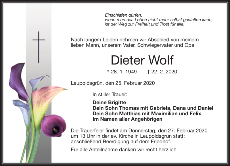  Traueranzeige für Dieter Wolf vom 25.02.2020 aus Frankenpost