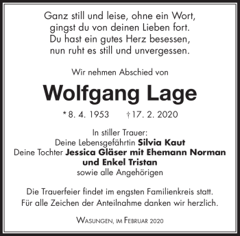 Traueranzeige von Wolfgang Lage von Südthüringer Presse