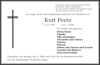 Traueranzeige von Kurt Peetz von Frankenpost