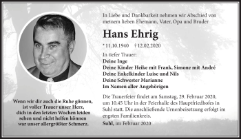Traueranzeige von Hans Ehrig von Südthüringer Presse