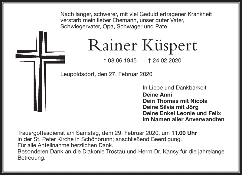  Traueranzeige für Rainer Küspert vom 27.02.2020 aus Frankenpost