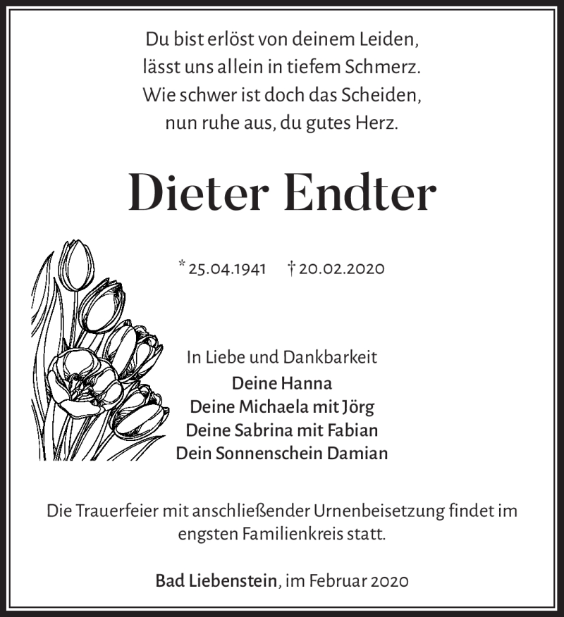  Traueranzeige für Dieter Endter vom 29.02.2020 aus Südthüringer Presse