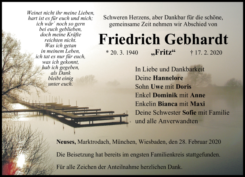 Traueranzeige für Friedrich Gebhardt vom 28.02.2020 aus Neue Presse Coburg