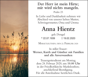 Traueranzeige von Anna Hientz von Frankenpost