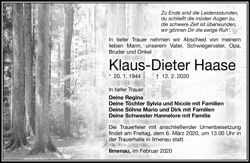 Traueranzeige für Klaus-Dieter Haase vom 22.02.2020 aus Südthüringer Presse