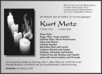 Traueranzeige von Kurt Metz von Südthüringer Presse
