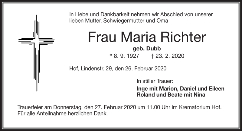  Traueranzeige für Maria Richter vom 26.02.2020 aus Frankenpost
