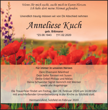 Traueranzeige von Anneliese Küch von Südthüringer Presse
