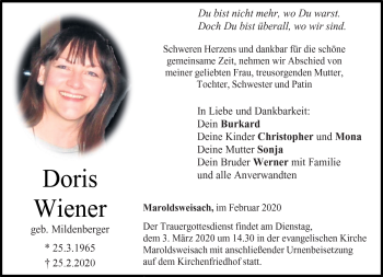 Traueranzeige von Doris Wiener von Neue Presse Coburg
