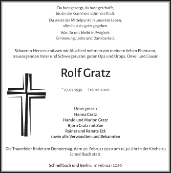 Traueranzeige von Rolf Gratz von Südthüringer Presse