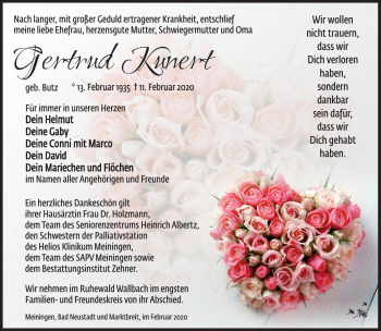 Traueranzeige von Gertrud Kunert von Südthüringer Presse