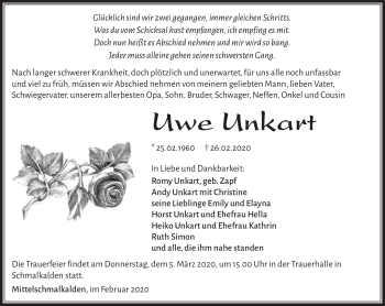 Traueranzeige von Uwe Unkart von Südthüringer Presse