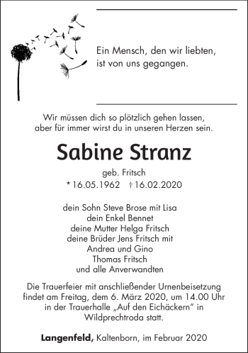 Traueranzeige von Sabine Stranz von Südthüringer Presse
