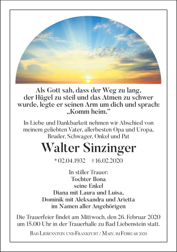 Traueranzeige von Walter Sinzinger von Südthüringer Presse