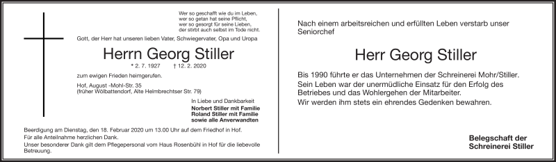  Traueranzeige für Georg Stiller vom 15.02.2020 aus Frankenpost
