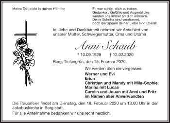 Traueranzeige von Anni Schaub von Frankenpost