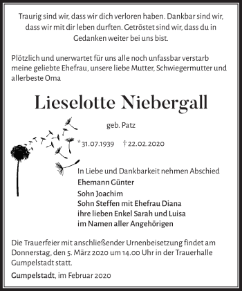 Traueranzeige von Lieselotte Niebergall von Südthüringer Presse