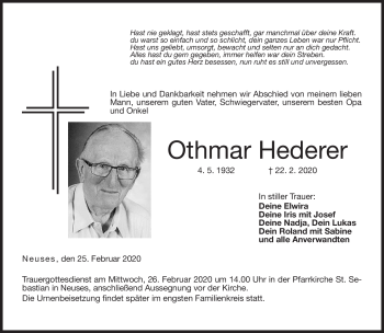 Traueranzeige von Othmar Hederer von Neue Presse Coburg