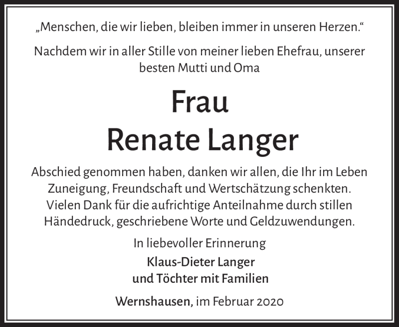  Traueranzeige für Renate Langer vom 28.02.2020 aus Südthüringer Presse
