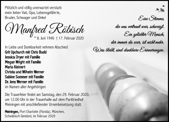 Traueranzeige von Manfred Röbisch von Südthüringer Presse