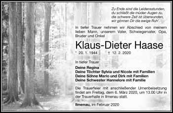 Traueranzeige von Klaus-Dieter Haase von Südthüringer Presse