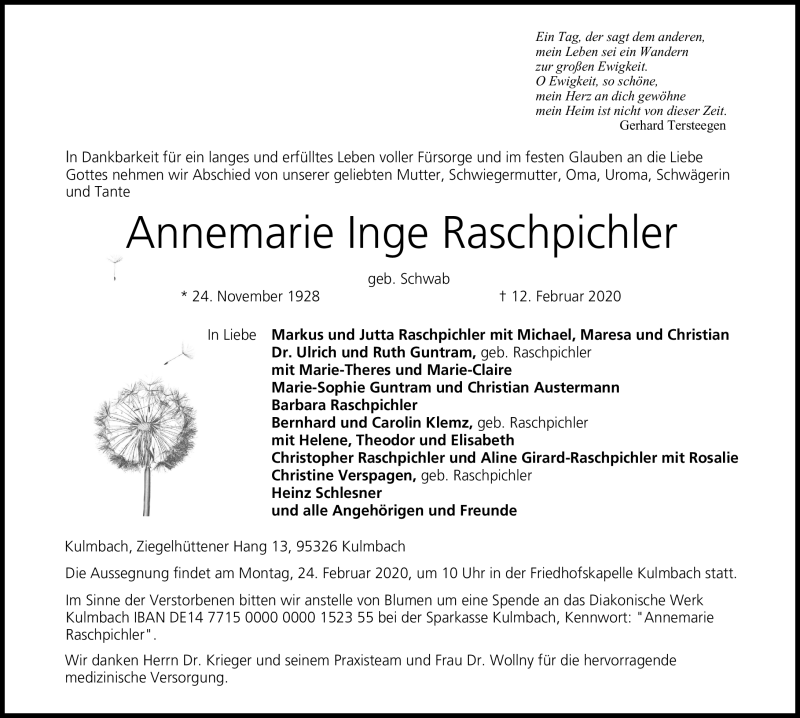  Traueranzeige für Annemarie Ingeborg Raschpichler vom 15.02.2020 aus Neue Presse Coburg