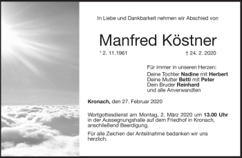 Traueranzeige von Manfred Köstner von Neue Presse Coburg