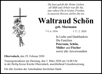 Traueranzeige von Waltraud Schön von Neue Presse Coburg