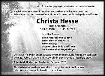 Traueranzeige von Christa Hesse von Südthüringer Presse