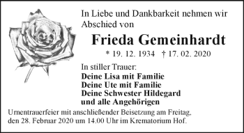 Traueranzeige von Frieda Gemeinhardt von Frankenpost
