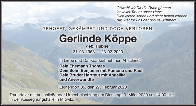  Traueranzeige für Gerlinde Köppe vom 27.02.2020 aus Neue Presse Coburg