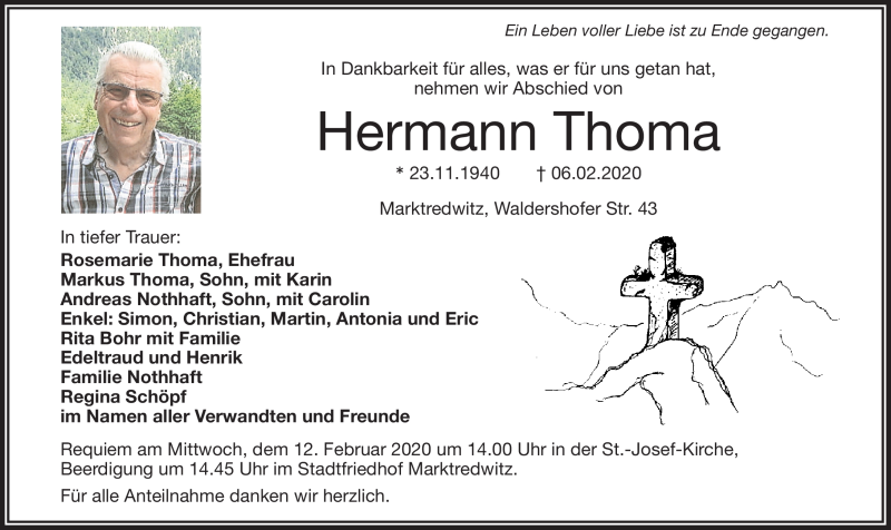  Traueranzeige für Hermann Thoma vom 08.02.2020 aus Frankenpost