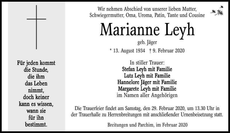  Traueranzeige für Marianne Leyh vom 22.02.2020 aus Südthüringer Presse